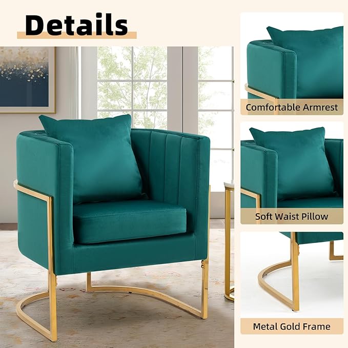 Velvet Modern Accent Chairs Set of 2, Upholstered Barrel Armchair Mid Century with Pillow for Living Room, Comfy Single Vanity Chair with Metal Gold Legs for Bedroom, Green