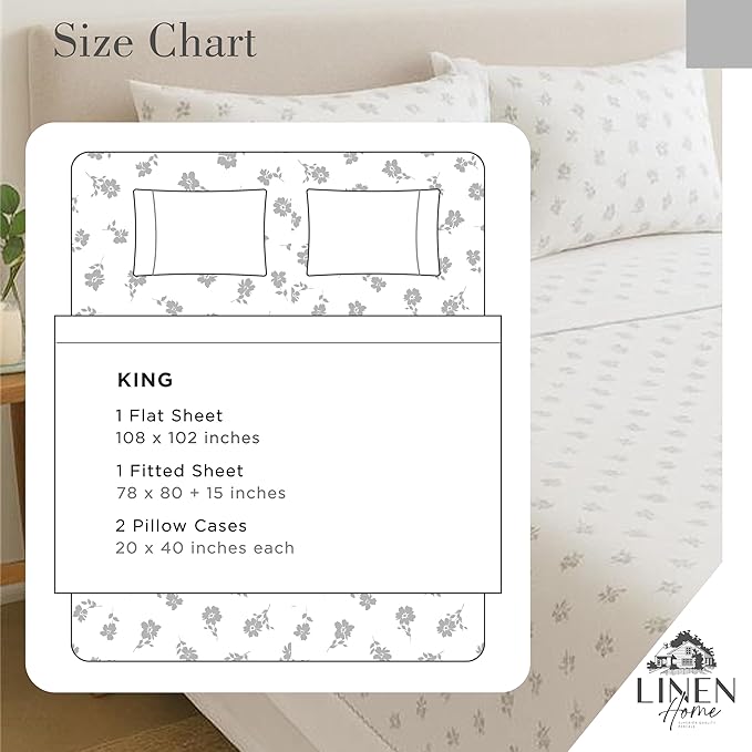 Linen Home 100% Cotton Printed Percale Sheets King Size, Deep Pocket, 4 Pieces Set - 1 Flat, 1 Deep Pocket Fitted Sheet and 2 Pillowcases, Crisp Cool and Strong Bed Linen, Grey Silhouette Floral