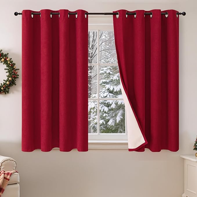 Red Christmas Linen Blackout Curtains 54 Inch Long 2 Panels, Cold Blocking Winter Thermal Insulated Curtains for Living Room Small Window Decor, Soundproof Curtains Each 52x54 Inch 2 Panels