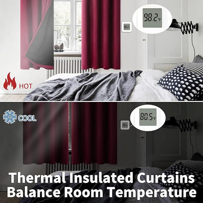 BGment Thermal Insulated 100% Blackout Curtains for Bedroom with Black Liner, Double Layer Full Room Darkening Noise Reducing Grommet Curtain (42 x 63 Inch, Burgundy Red, 2 Panels)