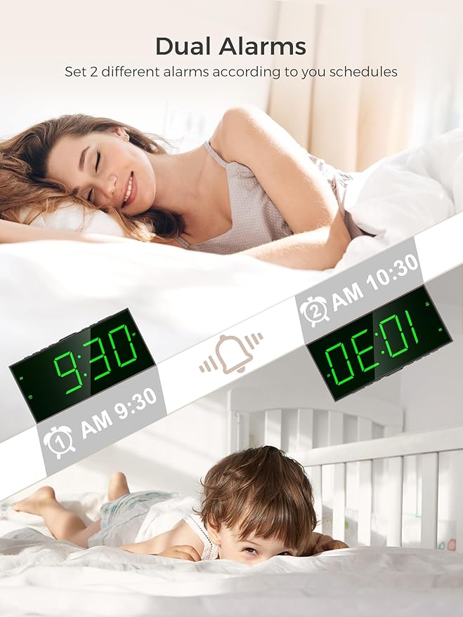 PPLEE Digital Alarm Clock for Bedroom, 2 Alarms Large Big Numbers Display with Dimmer for Living Room, Electric Bedside Desk Clock with Power Adapter, USB Charger, Adjustable Volume, Green LED Display