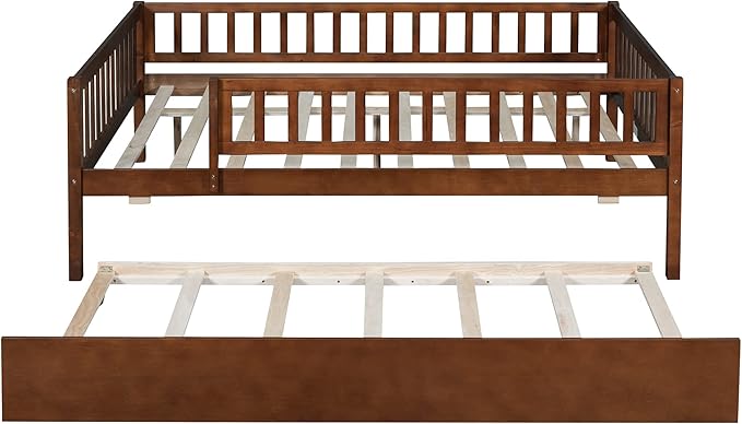 Bellemave Full Size Bed Frames with Rails for Kids, Full daybed Frame with Trundle for Boys/Girls/Adults，Walnut