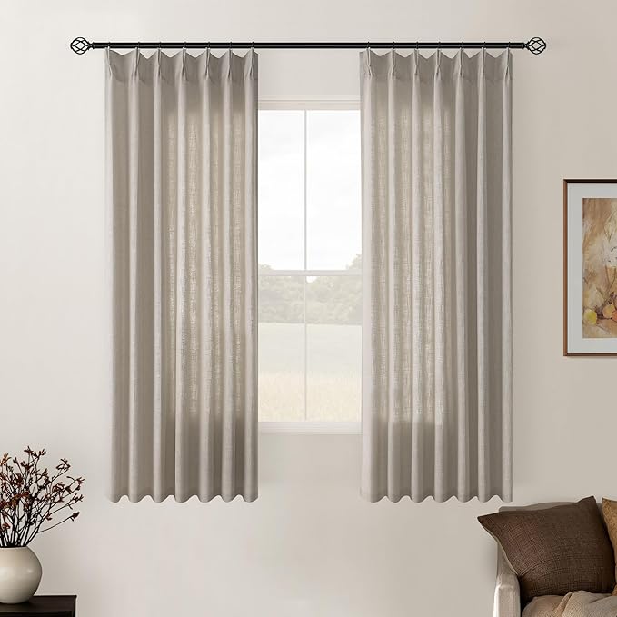 Burlywood Birch Pinch Pleated Linen Curtains 2 Panels for Living Room Bedroom Memory Training Shaped Semi Sheer Pleat Drapes with Hooks Rings Light Filtering Window Curtain 40x54