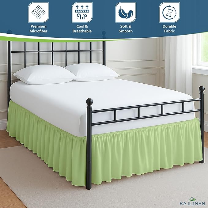 Rajlinen Ruffled Bed Skirt Full XL, 10 Inch Drop Dust Ruffle with Split Corners, 100% Microfiber Bedskirt with Platform, Three-Sided Coverage Ruffled Gathering Design, Sage