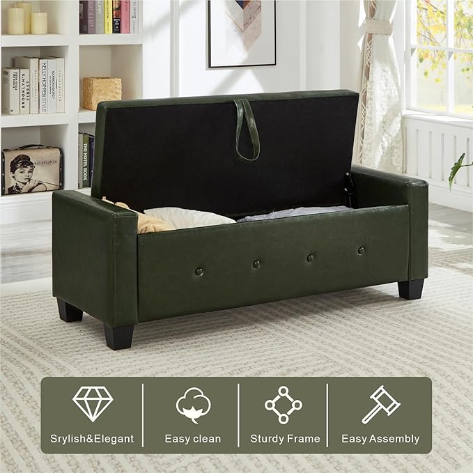 48" Storage Ottoman Bench, Upholstered Button-Tufted End of Bed Bench with Soft-Close Hinge & Solid Wood Legs, Foot Rest for Living Room, Bedroom, Hallway (Faux Leather, Dark Green)