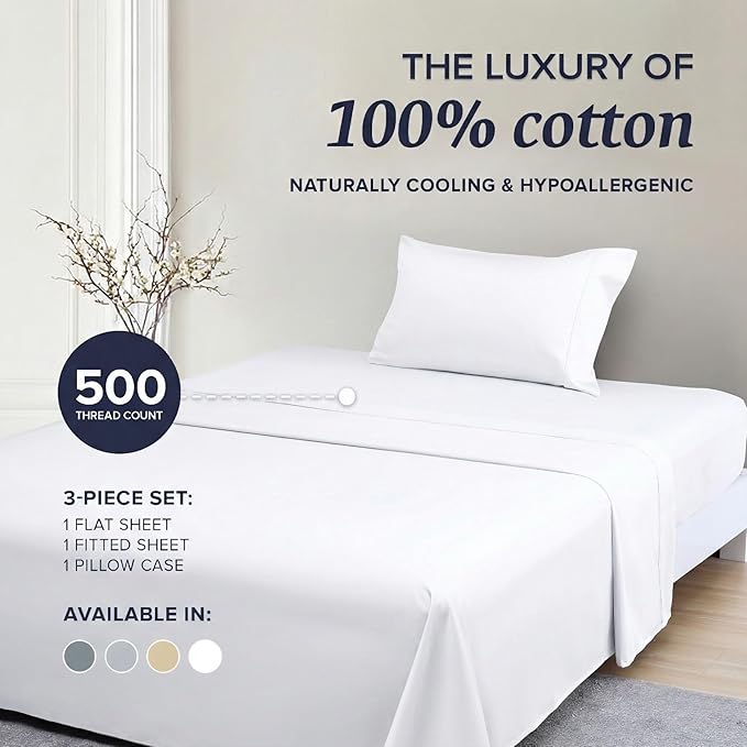 Beckham Hotel Collection Twin XL Sheet Set 100% Cotton, 500TC Luxury Sateen Bedding, 16” Deep Pocket, Moisture-Wicking, 3-Piece, White