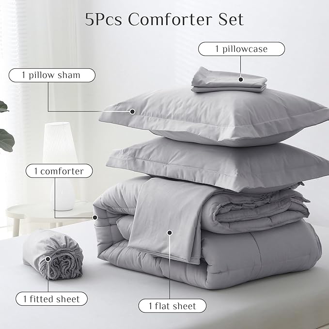 JOLLYVOGUE Twin Comforter Set, Ultra-Soft Bed in a Bag Twin Size 5 Pieces, Oeko-TEX Certified Bedding Set with Down Alternative Comforter, Sheets, Pillowcases & Shams, Light Grey
