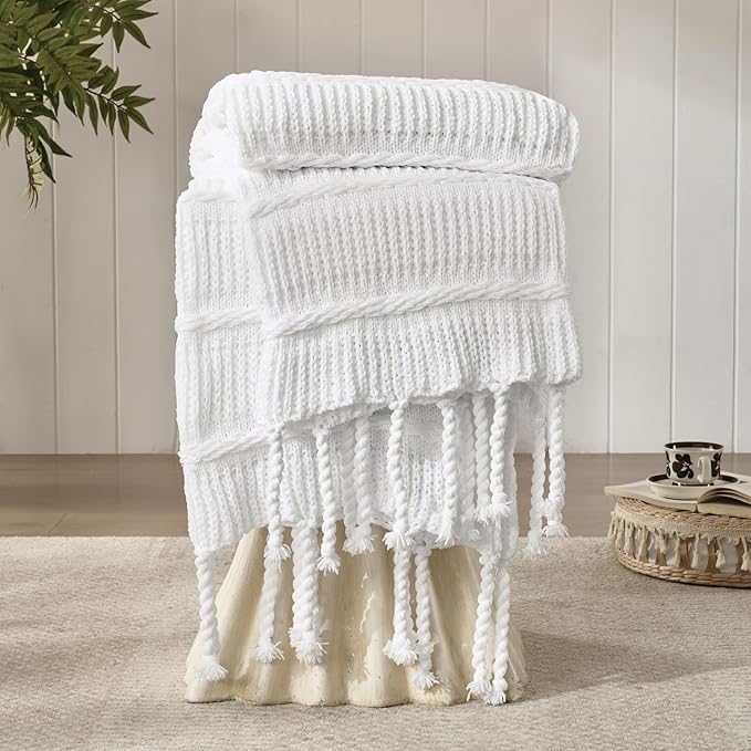 Boho Knitted Chenille Blanket with Tassels - Lightweight & Soft All-Season Throw - 3D Classic Pattern for Living Room Bedroom Couch, Cloud White, Queen 90"x90"