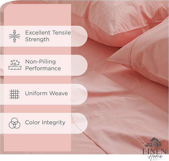 Linen Home 100% Cotton Percale Sheets California King Size, English Rose, Deep Pocket, 4 Pieces Set - 1 Flat, 1 Deep Pocket Fitted Sheet and 2 Pillowcases, Crisp Cool and Strong Bed Linen