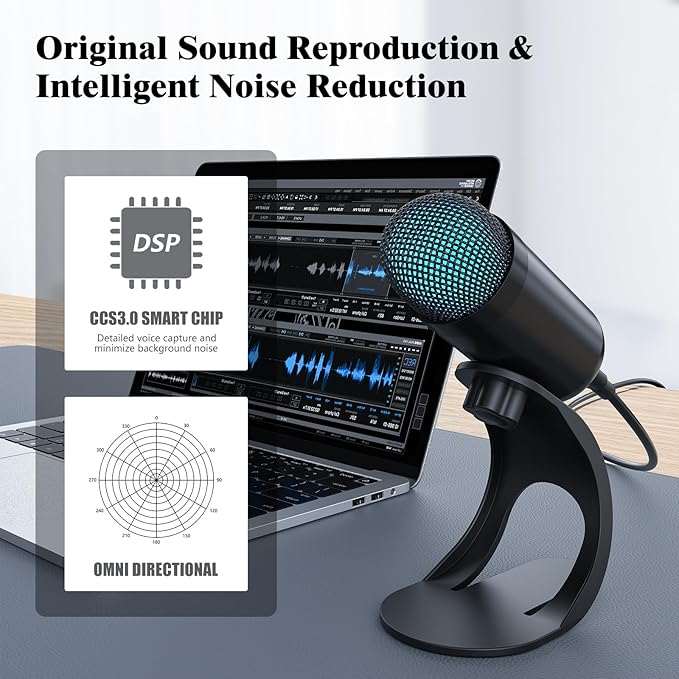 LIANGSTAR USB Computer Microphone, Podcast Mic Desktop with Mute Button for Recording Streaming, Color Change, Omnidirectional Condenser, Plug and Play with Stand for PC, Laptop, Mac, YouTube