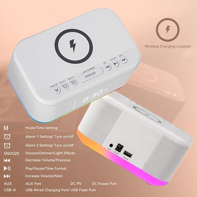 Wireless Charging Alarm Clock Bedroom, Loud Digital Alarm Clocks Bedrooms, Alarm Clock Night Light Speaker 8W Snooze Dual Alarm 12/24H Adjustable Brightness Dimmer Bluetooth, White