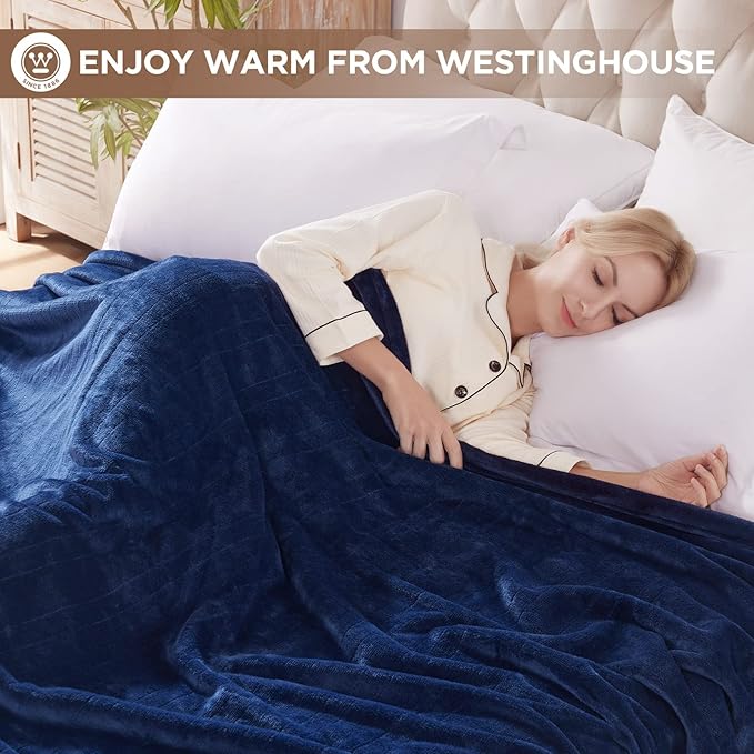 Westinghouse Heated Blanket Twin Size, Electric Heating Blanket with 10 Heating Levels, 1-12 Hours Auto Shut Off, Fast Heating Warming Blanket, Machine Washable (Twin, 62x84 Inches, Navy Blue)