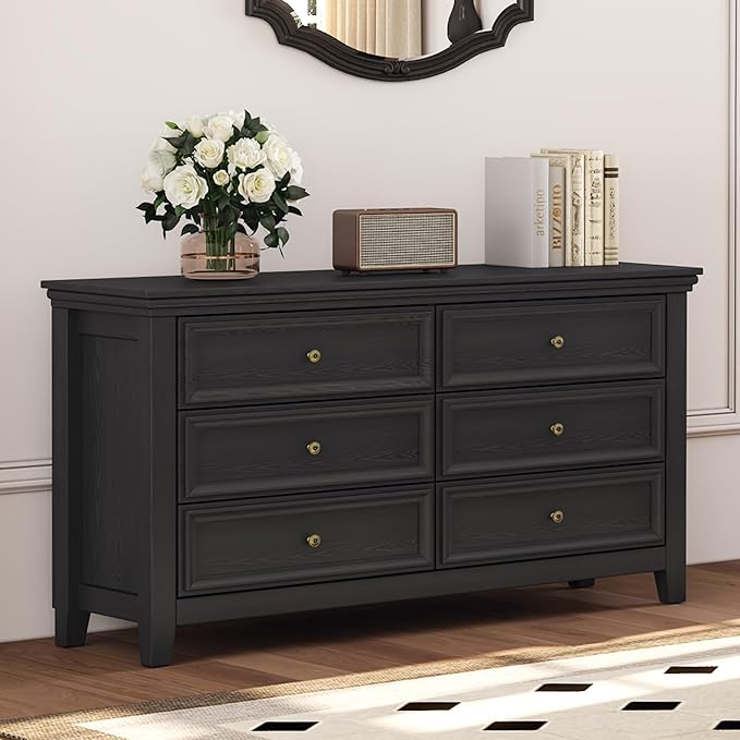 Black Dresser for Bedroom 6 Drawers Dresser - 47.2" Wide 6 Chest of Drawers Storage Double Cabinet as Bedfoot Organizer & Wardrobe Cabinet