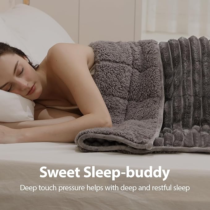 Sherpa Fleece Weighted Blanket with 3D Ribbed Stripes, 15 lbs Soft Flannel Heavy Throw Blanket for Couch Bed Sofa, Heavy Thick Blankets with Ceramic Beads, Great for Sleep, 48" x 72"