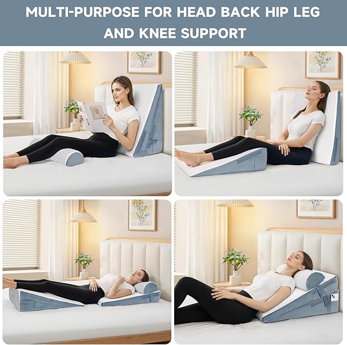 Bed Wedge Pillow for Sleeping, 3 Pcs Adjustable Height 4.5&7.5&12 Inch Triangle Pillow Wedge for Post Surgery, Acid Reflux, Snoring, Legs Pain Relief (Gray)