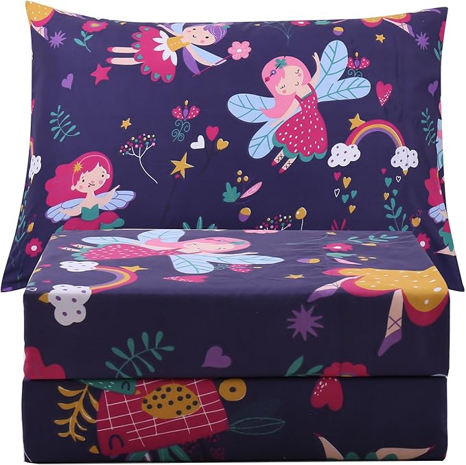 JSD Purple Fairy Kids Sheet Set Twin Size, 3 Piece Girls Floral Printed Microfiber Sheets Deep Pocket