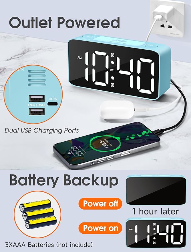 Cadmos Loud Alarm Clock for Heavy Sleepers Adults,Digital Clock with 7 Color NightLight,Adjustable Volume,USB Charger,Small Clocks for Bedrooms Bedside,ok to Wake for Kids,Teens (Blue+RGB)