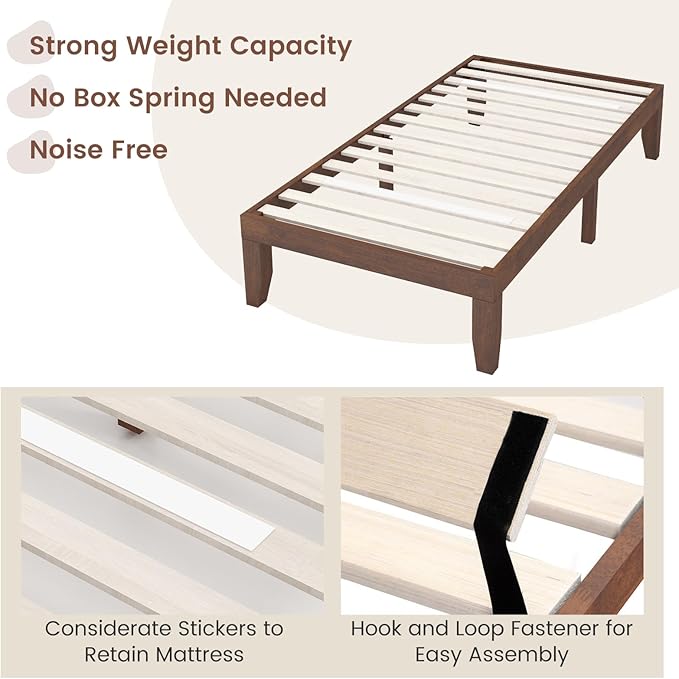 Giantex 14 Inch Twin Wood Platform Bed Frame, Minimalist Style Mattress Foundation with Solid Rubber Wood, Heavy Duty Slat Support, Without Headboard, Easy Assembly, No Box Spring Needed,Walnut