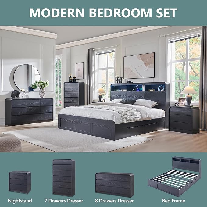 Modern 7 Drawers Dresser for Bedroom, 55" Tall Dressers & Chest of Drawers w/Curved Profile Design, Wood Mid Century Vertical Storage Dressers Organizer for Bedroom, Living Room, Black