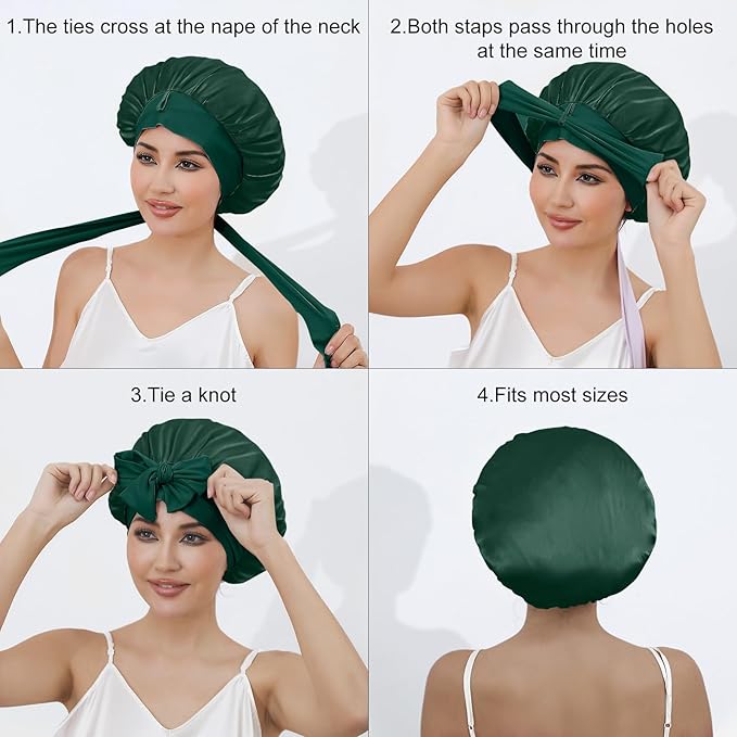 ZIMASILK 100% Mulberry Silk Bonnet for Sleeping Women Long Hair Double Layer Silk Hair Wrap with Tie Band Stay On Head (1Pc, Blackish Green)