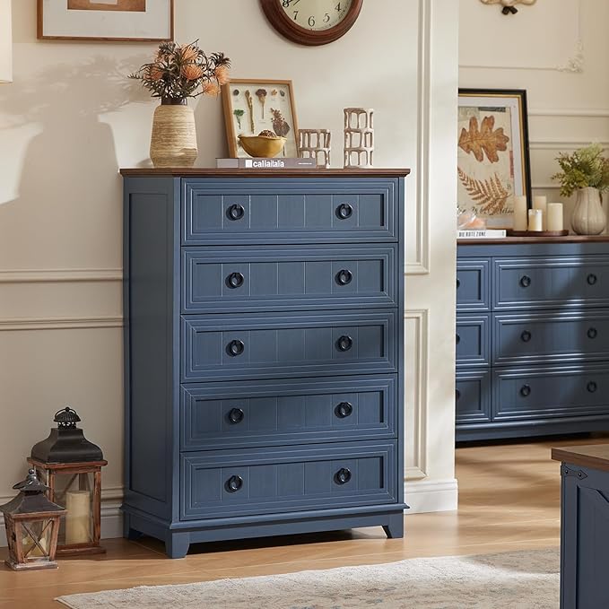 Farmhouse Chest of Drawers with Storage, 42" Tall Dresser for Bedroom, 5 Drawer Navy Blue Dresser with Metal Handle, Organizer Closet for Living Room, Hallway, Entryway