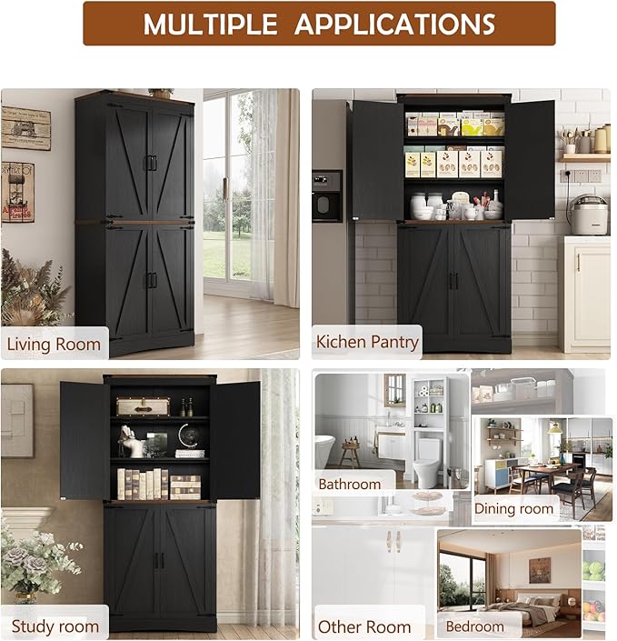 71" Tall Kitchen Pantry,Farmhouse Storage Cabinet with Adjustable Shelves,Load-Bearing Steel Pipe,Farmhouse Pantry Cabinet with 4 Barn Doors,for Kitchen,Dining Room,Living Room(Black)