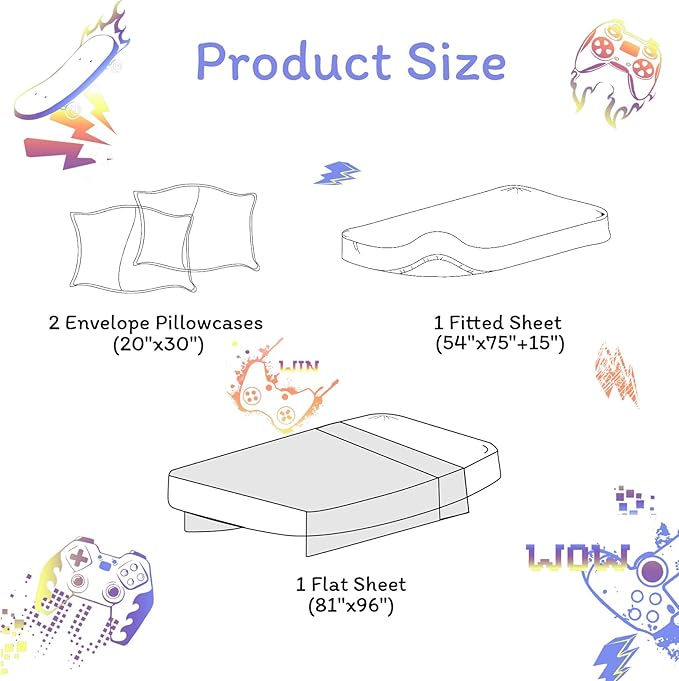 JSD Black Gaming Sheet Set Full Size, 4 Piece Soft Kids Boys Printed Microfiber Bed Sheets Deep Pocket