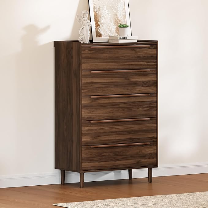 48" Tall Walnut Dresser for Bedroom, Mid-Century Modern 5 Drawer Chest of Drawers with Natural Wood Grain, Slim Vertical Storage Cabinet with Raised Edge Top, Anti-Tip Kit