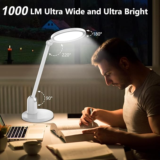 Desk Lamps for Home Office with Stable Base, 1000LM Ultra Bright Eye-Caring Desk Light, 3000K-6000K Dimmable Table Lamp with Stepless Dimming & Timing Function for Work, Reading, Bedroom