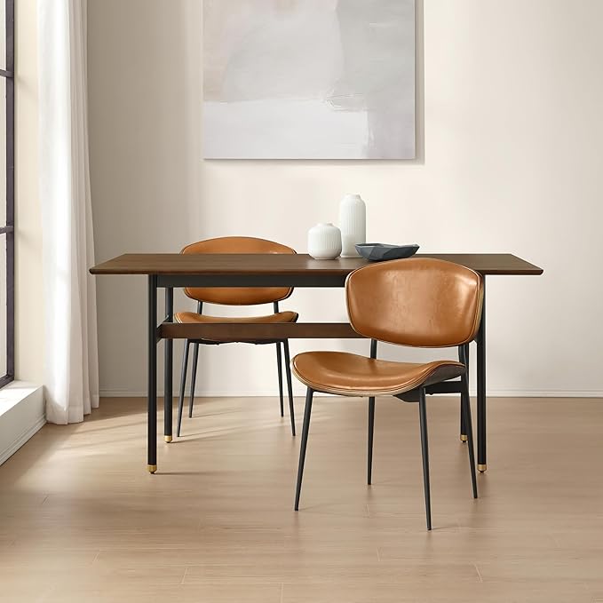 Art Leon Faux Leather Dining Chairs, Set of 2, Mid Century Modern Desk Chair No Wheels, Armless Accent Chair with Black Metal Legs, Brown/Gray Oak