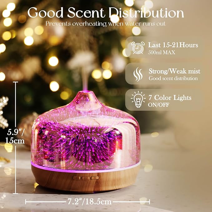 Porseme 500ml Essential Oil Diffuser 3D Glass Aromatherapy Ultrasonic Humidifier - Auto Shut-Off, BPA Free for Home Hotel Yoga SPA Gift