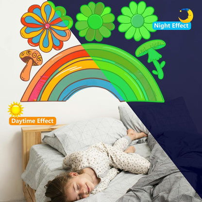 Glow in The Dark Colorful Flowers Stickers, 27 PCS Glowing Luminous Rainbow Heart Wall Decals Flowers Mushrooms Ceiling Stickers for Kids Boys Girls Bedroom Nursery Playroom Party Room Decor