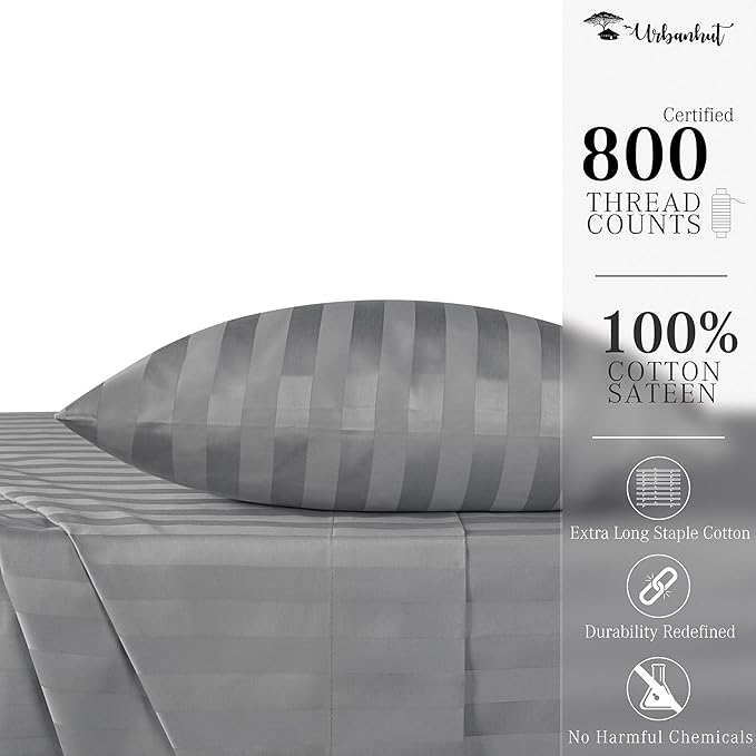 URBANHUT 800 Thread Count 100% Cotton Damask Twin Size Sheets, 4 Piece Striped Twin Size Bedsheets, Luxury Hotel Sheets Sateen Weave - Better Than Egyptian, 14" Elasticized Deep Pocket- Dark Grey