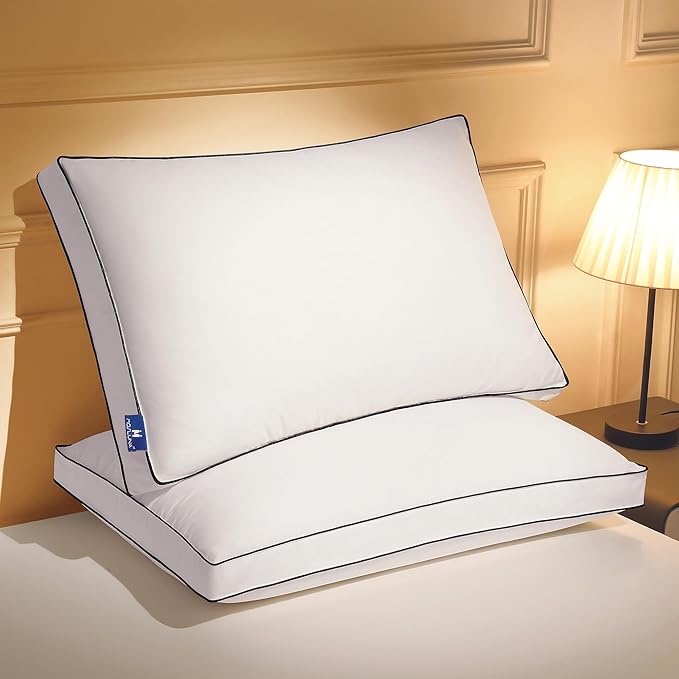 Feather Down Pillows Queen Size Set of 2 with Gusset, Luxury Hotel Collection Bed Pillow 2 Pack, Down Surrounded Gusseted Pillows for Sleeping, Soft Fluffy for Side, Back Sleepers 20x28+2 in.