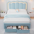 Velvet Upholstered Queen LED Bed Frame with 2 Storage Drawers and Adjustable Chic Double Wavy Headboard, Princess Platform Bed with Charing Station, Solid Wood Slats Support,No Box Spring Needed,Blue
