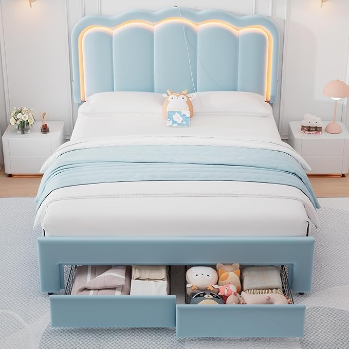Velvet Upholstered Queen LED Bed Frame with 2 Storage Drawers and Adjustable Chic Double Wavy Headboard, Princess Platform Bed with Charing Station, Solid Wood Slats Support,No Box Spring Needed,Blue