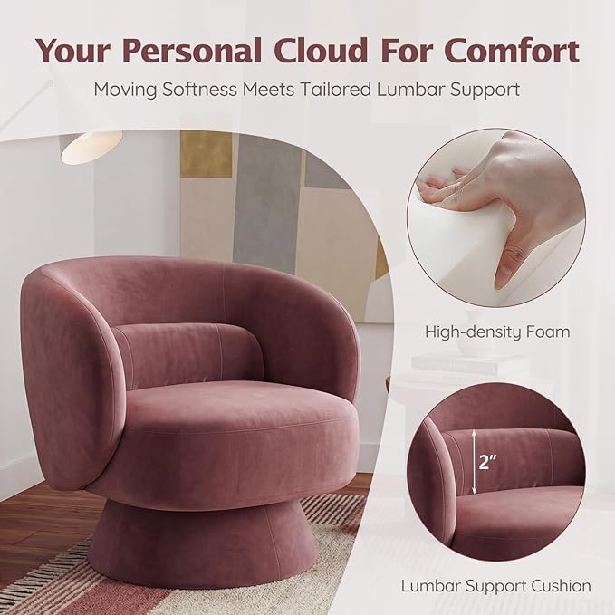 Swivel Accent Chair, Modern 360 Degree Swivel Barrel Chair with Arms & Curved Back and Lumbar Support Cushion, Comfy Round Single Sofa for Small Space, Living Room, Bedroom, Lavender Rayon
