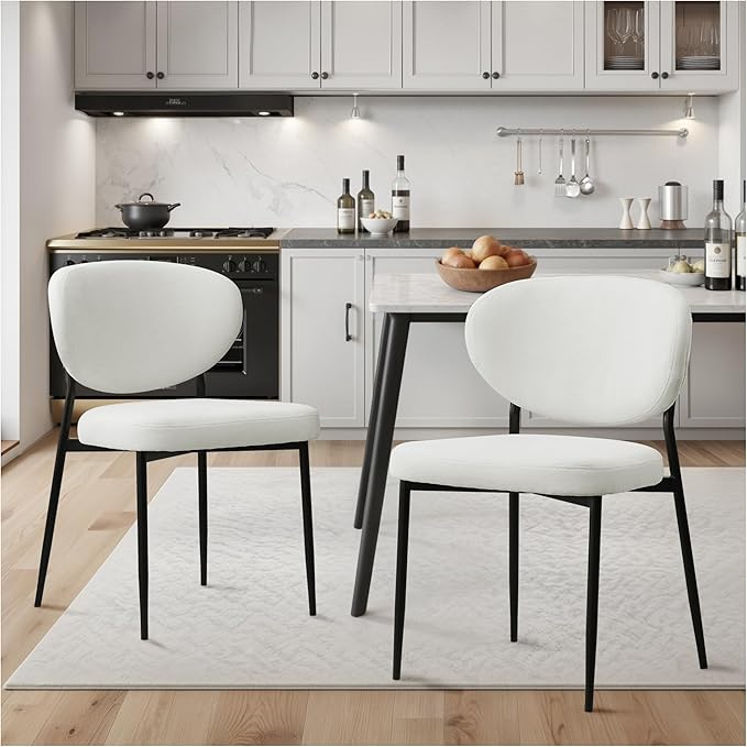 Upholstered Dining Chairs Set of 2 Modern Chenille Dining Room Chairs Wide Cushion with 58D Memory Foam Ergonomic Wingback Kitchen Chairs with Black Metal Leg for Living Room/Bedroom White
