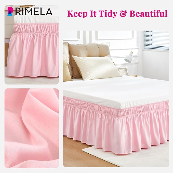 RIMELA Pink Bed Skirt Queen Size 15 Inch Drop Elastic Wrap Around Dust Ruffle Solid Bedding Bedskirt Soft Microfiber Fabric Machine Washable Easy to Install