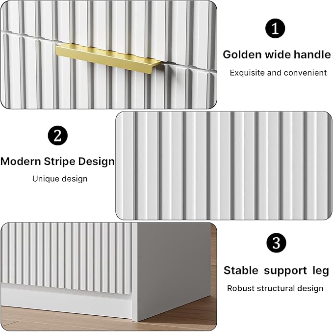 Set of 2 Fluted Nightstand with 2 Drawers, Modern Storage Bedside Table with Golden Metal Handles, Wooden End Table for Bedroom, White