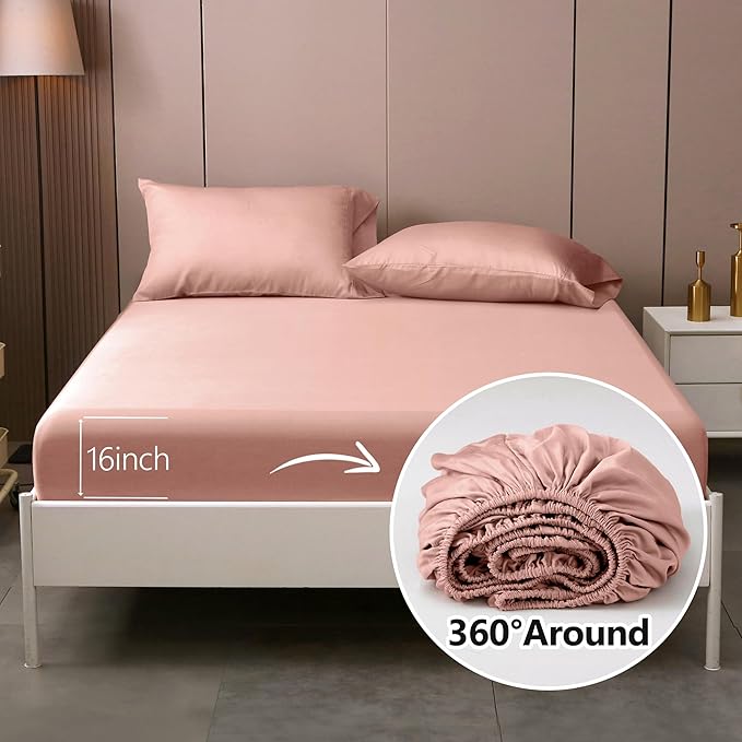 California King Sheets, Rayon Derived from Bamboo, Cooling Bed Sheets Set,Deep Pocket Up to 16", 4 Pieces Silky Soft, Breathable Bedding Sheets & Pillowcases(Pink,California King)