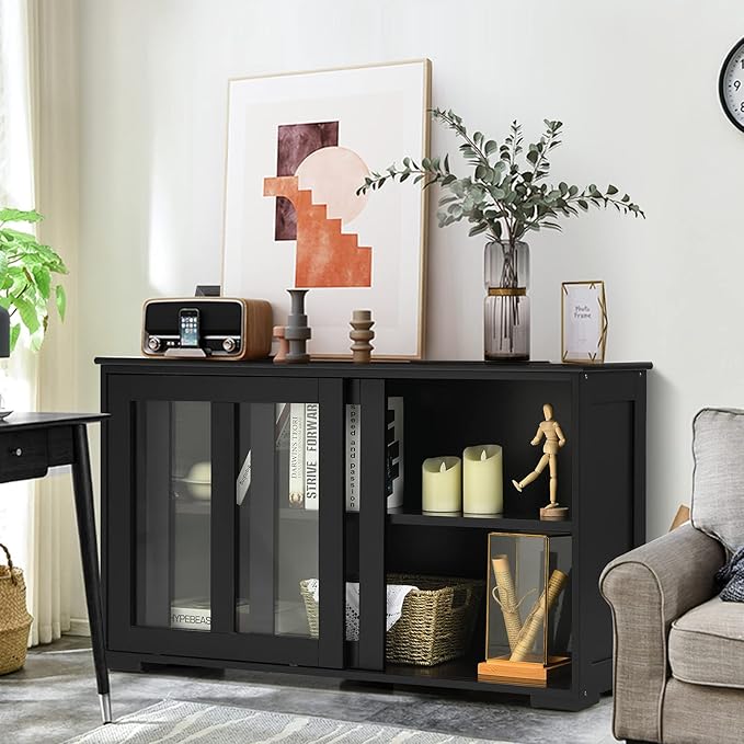 Costzon Sideboard Buffet Cabinet, Wooden Kitchen Storage Cabinet with Adjustable Shelf, Sliding Glass Doors, Accent Coffee Bar Cabinet Console Table for Living Room, Dining Room, Hallway (Black)