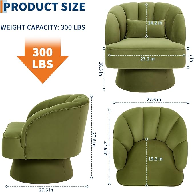 GarveeHome Modern Swivel Barrel Accent Chair, 360 Degree Velvet Upholstered Armchair with Striped Backrest & Plush Padding, Comfy Round Lounge Chair for Living Room, Bedroom, Reading Nook, Green