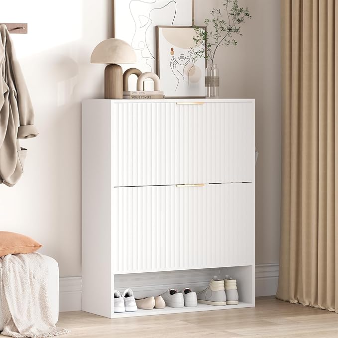 Garvee Fluted Shoe Storage Cabinet, Slim Hidden Shoe Rack Cabinet with 2 Flip Drawers & Bottom Open Shelf, Freestanding Entryway Organizer, Perfect for Closet, Hallway, Foyer, White
