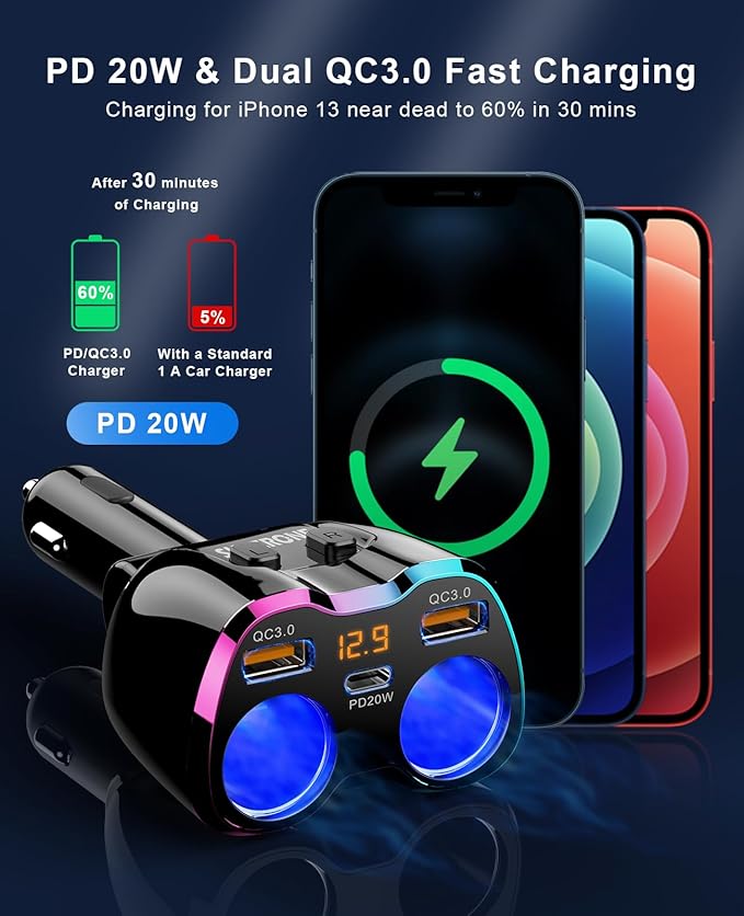 2024 Upgraded Cigarette Lighter Splitter, SUPERONE 180W 2-Socket Cigarette Lighter Adapter with Dual QC3.0 and 20W PD USB C Car Charger Splitter for GPS/Dash Cam/Laptop/iPad/iPhone 16/15/14/13/12/11