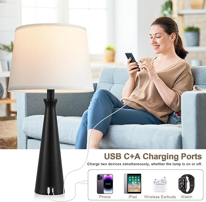 Seealle Modern Table Lamps Set of 2 - Touch Bedside Lamp for Nightstand with Dual USB C+A,3-Way Dimmable Black Nightstand Lamps for Living Room Bedroom End Table(Bulb Included)