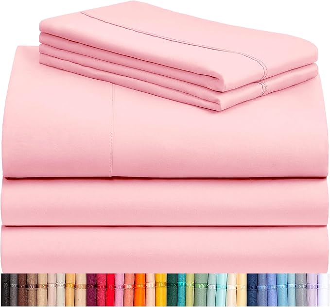 LuxClub 5 PC Split King Sheet Set, Deep Pockets Wrinkle Free Cooling Bed Sheets Hotel Bedding for Women, Men, Includes 1 Fitted Sheet, 1 Flat Sheet and 2 Pillowcases-Baby Pink
