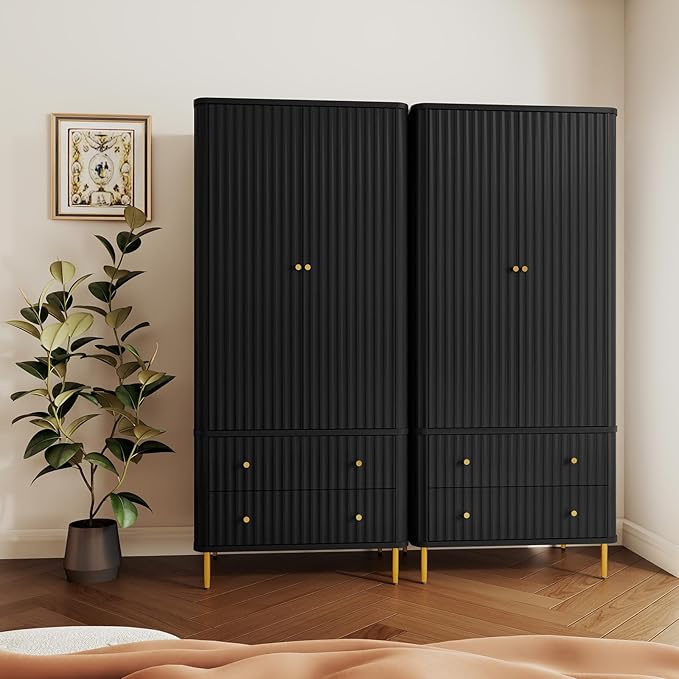 HLR 72" Modern Armoire Wardrobe Closet with Doors and Drawers, Bedroom Armoire Cabinet with Hanging Rod, Wooden Clothing Storage Cabinet Set of 2,Black