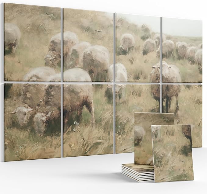 Wall Art Acoustic Panels,35''X24''Soundproof Wall Panels-8-Pack with 50 Adhesive Tabs, Decorative Sound Absorbing Panels for Living Room and Recording Studio, Offices-Hillside sheep