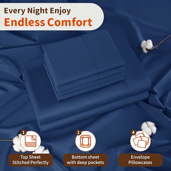 LBRO2M 1000 Thread Count 100% Egyptian Cotton Sheets Set 6 Piece Sets King Bed Sheet Deep Pocket Sheet Set 16" Soft Comfortable All Season (King, Navy Blue)